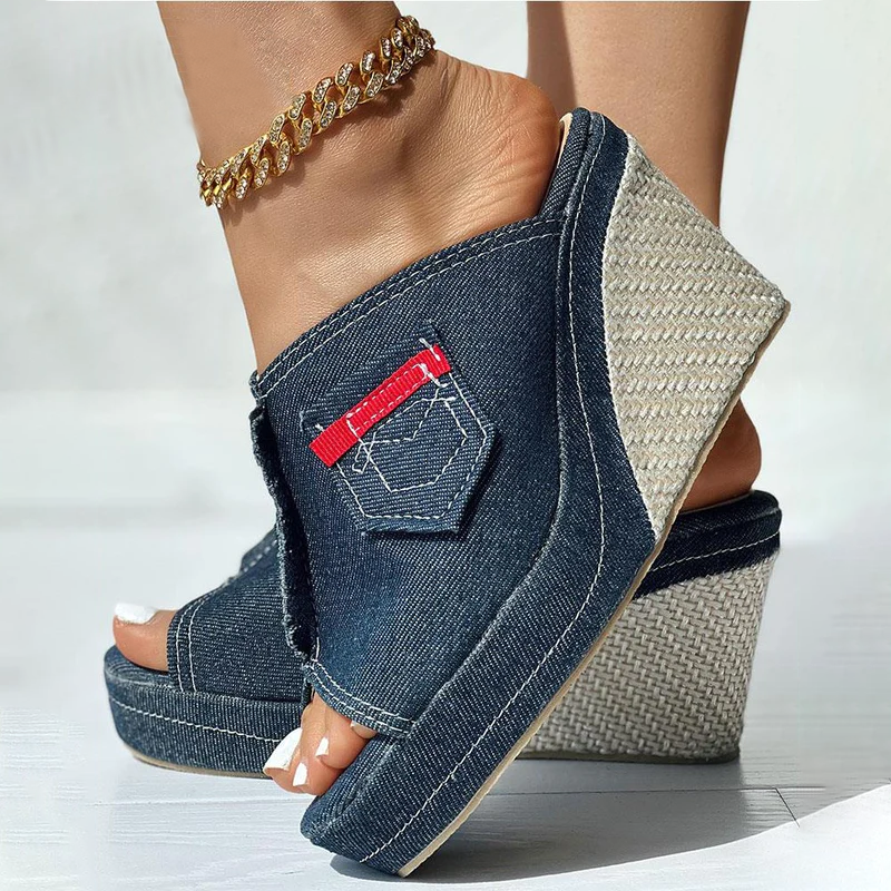 Emilia Grace Denim Wedge Mules