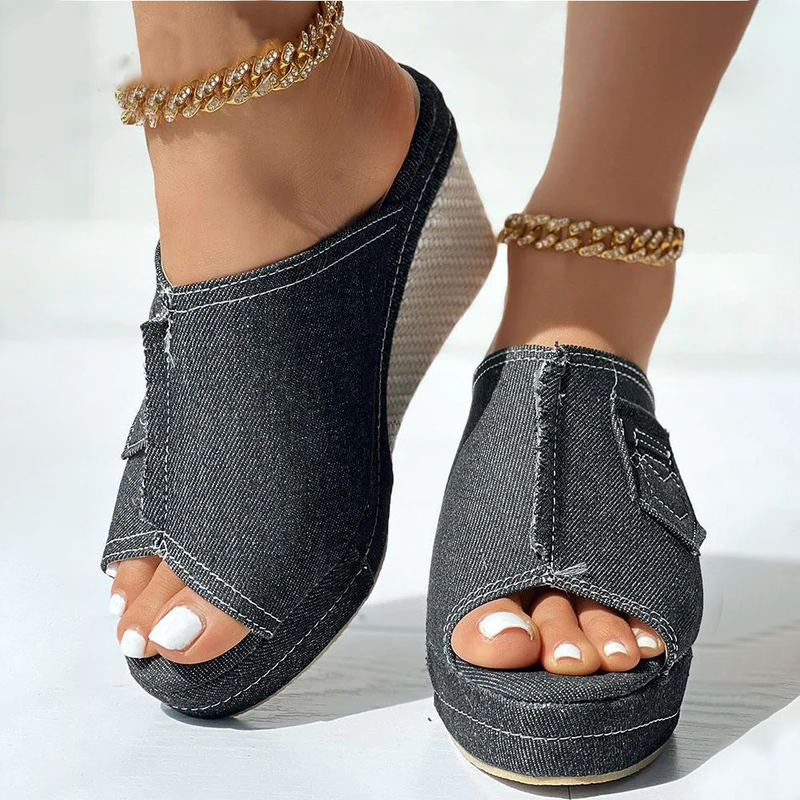 Emilia Grace Denim Wedge Mules