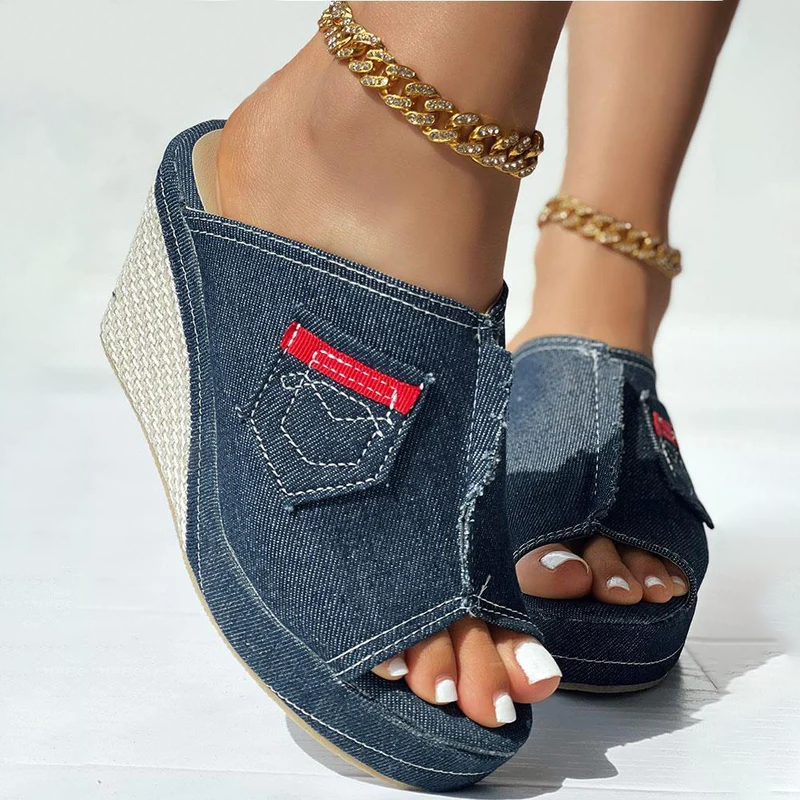 Emilia Grace Denim Wedge Mules