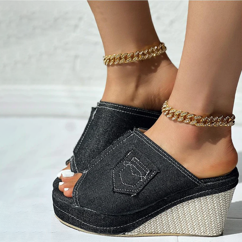 Emilia Grace Denim Wedge Mules