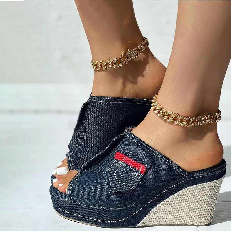 Emilia Grace Denim Wedge Mules