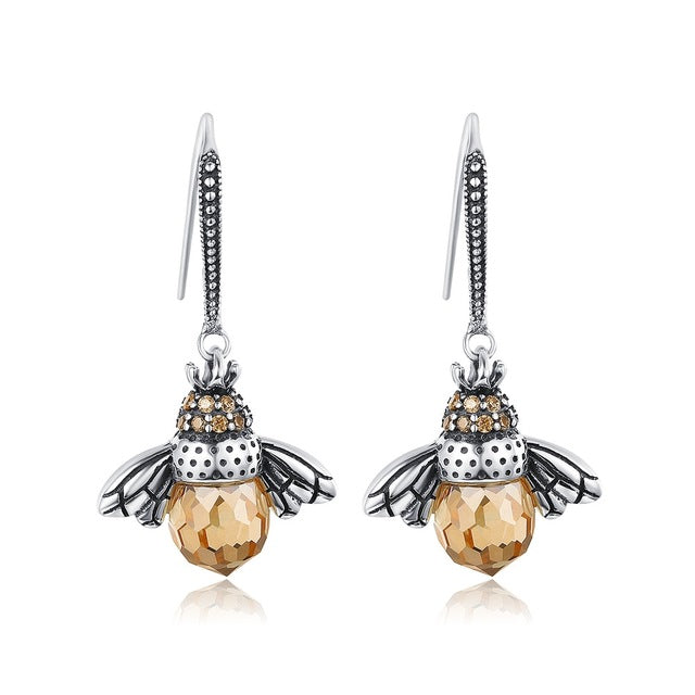Exquisite 925 Sterling Silver Crystal Bee Earrings
